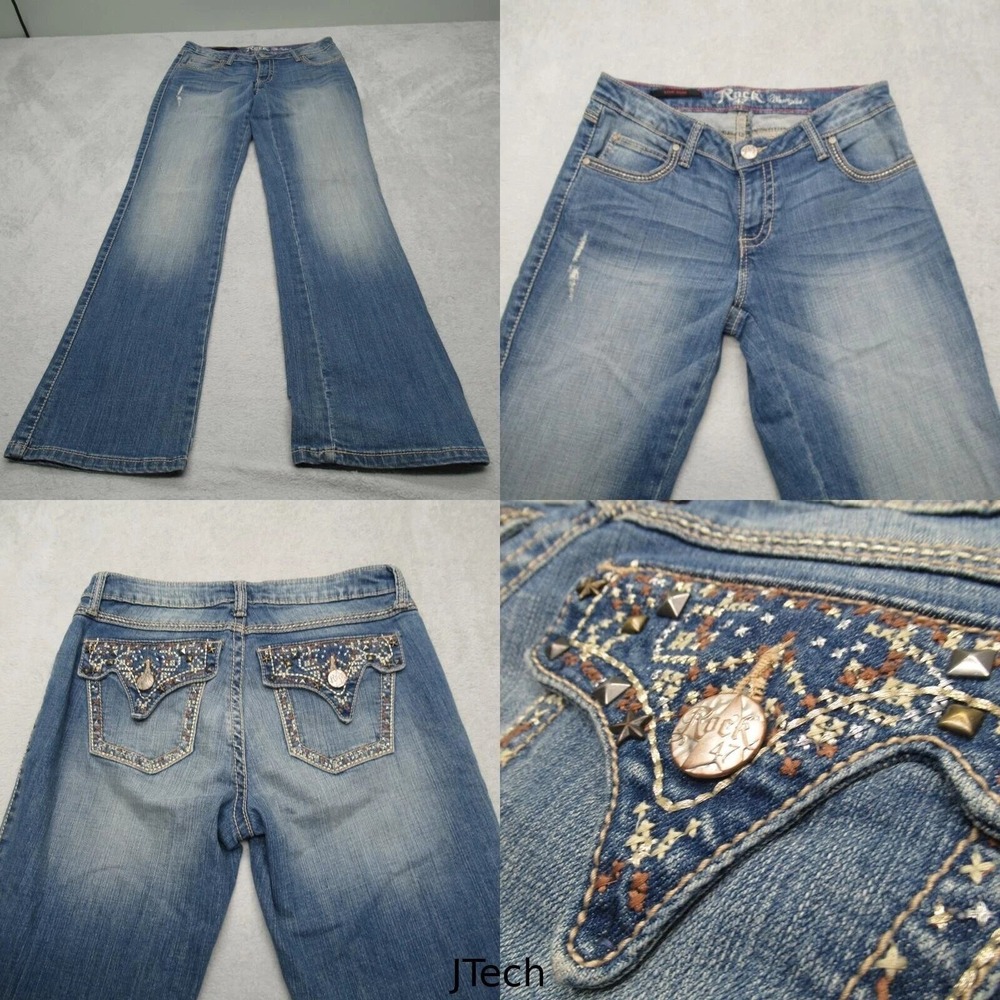 Wrangler Jeans Women 30x32 Low Rise Straight Embellished Fade Whiskering Rock 47